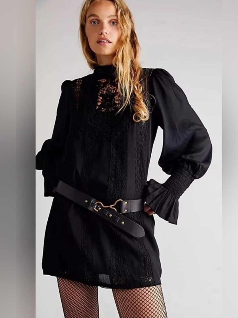 Free People One Black Vienna Black Lace-Panel Puff Sleeve raw hem dress XS
